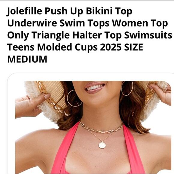 Jolefille Push-Up Underwired Bikini Top Molded Cups Triangle Halter Ties Pink M - Picture 6 of 10